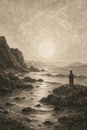 Figura solitaria su uno scoglio davanti al mare, sotto una luna velata